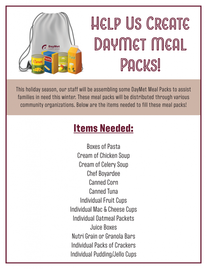 DayMet Meal Pack List